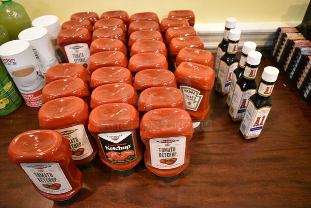 Wood Pattern Dining Height Table w/ Contents Including Ketchup, A1 Sauce, Lemon Juice. (main dining room) - Image 3 of 4