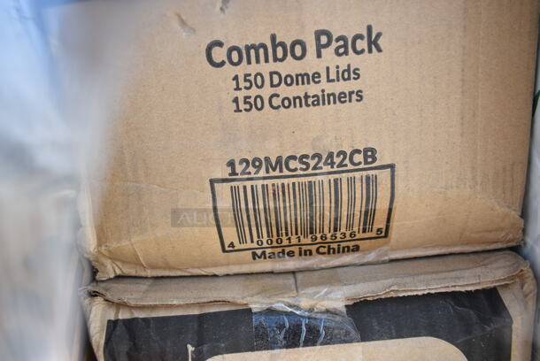 PALLET LOT of 28 BRAND NEW Boxes Including 795NRKFT3 New Roots Kraft PLA-Lined Compostable #3 Take-Out Container 7 3/4" x 5 1/2" x 2 1/2" - 200/Case, 129MCS242CB Choice 30 oz. Black 8 3/4" x 6" x 2 3/4" 2-Compartment Rectangular Microwavable Heavy Weight Container with Lid - 150/Case, 128HD8COMBO ChoiceHD 8 oz. Microwavable Translucent Plastic Deli Container and Lid Combo Pack - 240/Case, 5014046XXH Lavex Pro 45 Gallon 3 Mil 40" x 46" Low Density Heavy-Duty Industrial Contractor Black Trash Bag / Can Liner - 50/Case, 347RPBD10WHG Visions 10" White Plastic Plate with Gold Bands - 120/Case, 2 Box 966TALLFLDB Choice White Tall-Fold 6" x 13" Dispenser Napkin - 8000/Case, 24510PIZZAPAD Choice Single Face Corrugated Pizza Pad - 10" x 10" - 200/Case, 127P2B Choice Black Plastic Souffle Cup / Portion Cup - 2 oz. - 2500/Case, 130BSPOONWP Choice Individually Wrapped Medium Weight Black Plastic Teaspoon - 1000/Case, 4 Box 130BKFORKH Choice Black Heavy Weight Plastic Fork - 1000/Case, Fineline 42RBFL Conserveware PETE Flat Lid for 24/32/40 oz. Round Bowls - 300/Case. 28 Times Your Bid!  - Image 7 of 12
