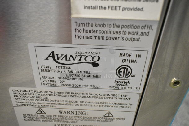 BRAND NEW SCRATCH AND DENT! 2024 Avantco 177STE4SA Stainless Steel Four Pan Open Well Electric Steam Table with Undershelf. 120 Volts, 1 Phase. Cannot Test Due To Plug Style - Image 8 of 8