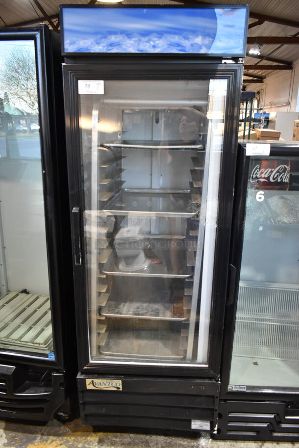 Avantco 178GDC23 Metal Commercial Single Door Reach In Cooler Merchandiser w/ Metal Pan Rack on Commercial Casters. 115 Volts, 1 Phase. Tested and Powers On But Does Not Get Cold