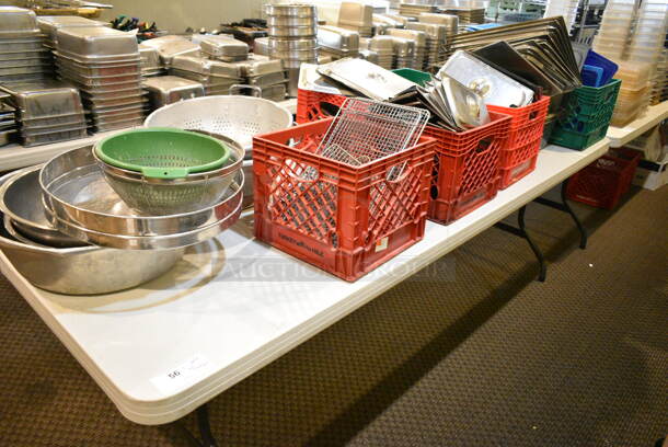 ALL ONE MONEY! Lot of Various Items Including Stainless Steel Drop In Bin Lids, Sifter, Colanders, Bowls, Poly Lids. Does Not Include Table. (main dining room) - Image 1 of 4