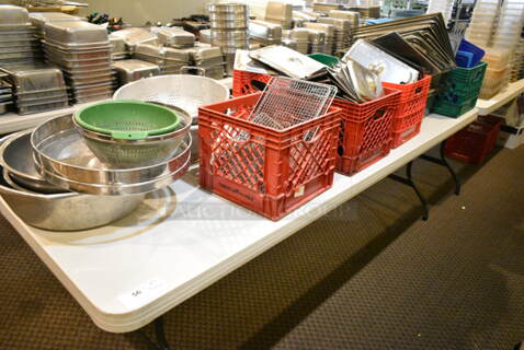 ALL ONE MONEY! Lot of Various Items Including Stainless Steel Drop In Bin Lids, Sifter, Colanders, Bowls, Poly Lids. Does Not Include Table. (main dining room)