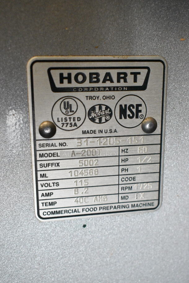 Hobart A-200T Metal Commercial Countertop 20 Quart Planetary Dough Mixer w/ 2 Metal Mixing Bowls and Bowl Guard. 115 Volts, 1 Phase. Tested and Working! - Image 7 of 7