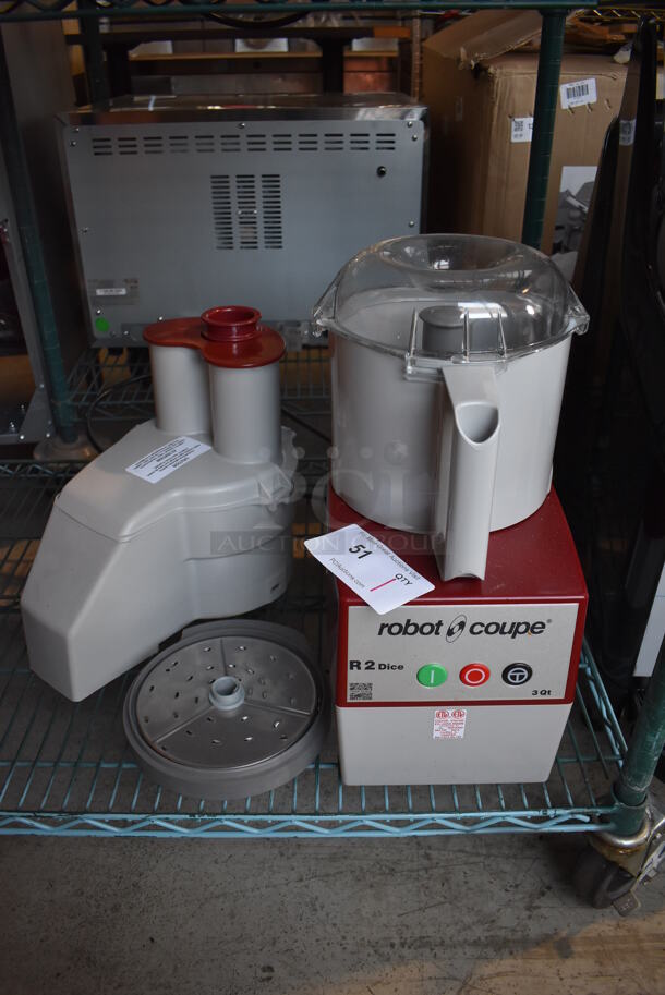 Robot Coupe R 2 Dice Metal Commercial Countertop Food Processor w/ Bowl, S Blade, Shredding Blade and Continuous Feed Head. 120 Volts, 1 Phase. 8x12x18. Tested and Working!