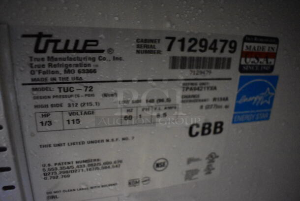 2011 True TUC-72 ENERGY STAR Stainless Steel Commercial 3 Door Undercounter Cooler on Commercial Casters. 115 Volts, 1 Phase. 72.5x30.5x36. Tested and Working! - Image 6 of 6