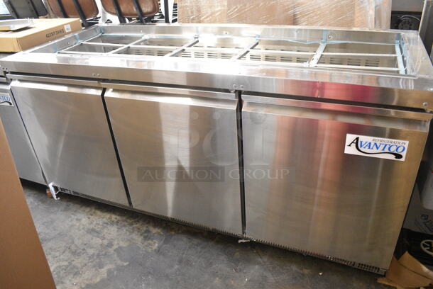 BRAND NEW SCRATCH AND DENT! 2023 Avantco 178SSCFT72HC Stainless Steel Commercial Refrigerated Salad Bar / Cold Food Table on Commercial Casters. 115 Volts, 1 Phase. Tested and Working! - Image 2 of 8