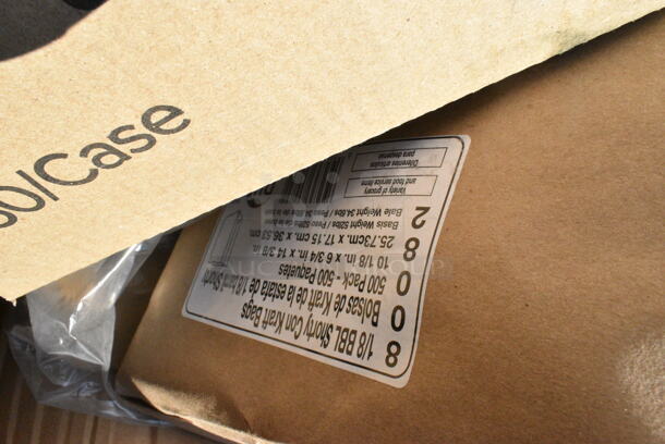 23 BRAND NEW Boxes Including 500LFLAT Choice Clear Flat Lid with Straw Slot - 9, 12, 16, 20, and 24 oz. - 1000/Case, Solo 626TS Clear Flat Lid with Straw Slot - 1000/Case, 127SB32COMBO Choice 32 oz. Clear Plastic Salad Bowl with Lid - 150/Case, 433BR10513C Choice 10" x 5" x 13" Natural Kraft Paper Customizable Shopping Bag with Handles - 250/Case, 50HT1 White Foam Hinged Lid Container, 500CC32P Choice Heavy Duty 32 oz. Pedestal Heavy Weight Clear PET Plastic Cold Cup - 500/Case. 23 Times Your Bid!  - Image 9 of 12