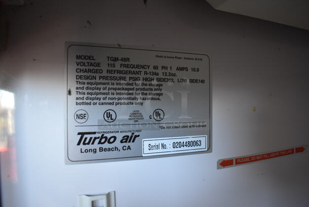 Turbo Air Metal Commercial 2 Door Reach In Cooler Merchandiser w/ Poly Coated Racks. One Door Does Not Stay Closed. 115 Volts, 1 Phase. 56x30x78. Tested and Working! - Image 4 of 5
