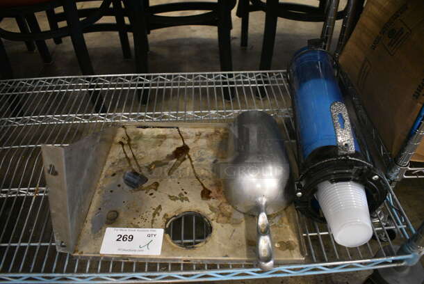 ALL ONE MONEY! Lot of Metal Shelf, Ice Scoop and Cup Dispenser - Image 1 of 3