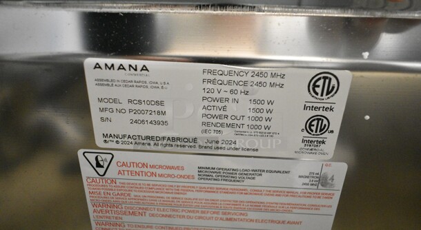 BRAND NEW SCRATCH AND DENT! 2024 Amana RCS10DSE Medium Volume Stainless Steel Commercial Microwave. 120 Volts, 1 Phase.  - Image 6 of 6