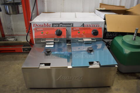 BRAND NEW IN BOX! Avantco 177F102 Stainless Steel Commercial Countertop Electric Powered 2 Bay Fryer w/ 2 Metal Baskets and 2 Lids. 24x16.5x12