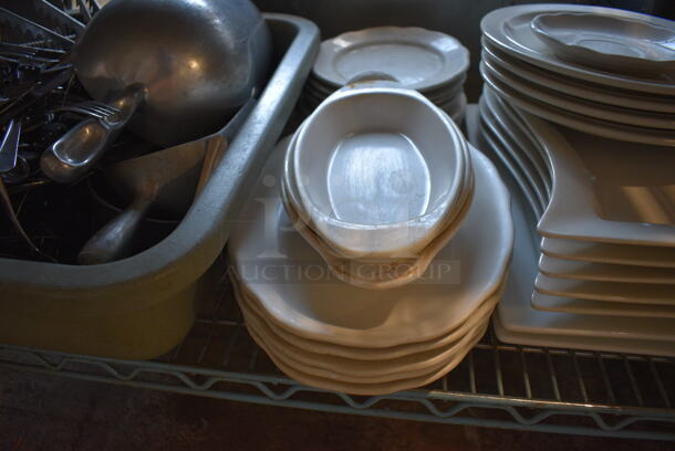 ALL ONE MONEY! Tier Lot of Various Items; White Ceramic Plates, Utensils, Silverware and Metal Gravy Boats - Image 3 of 8