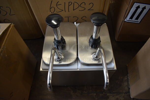 BRAND NEW! Servsense Stainless Steel Countertop Condiment Rail w/ 2 White Poly Drop Ins and 2 Pump Lids. 9.5x12x13 - Image 3 of 6