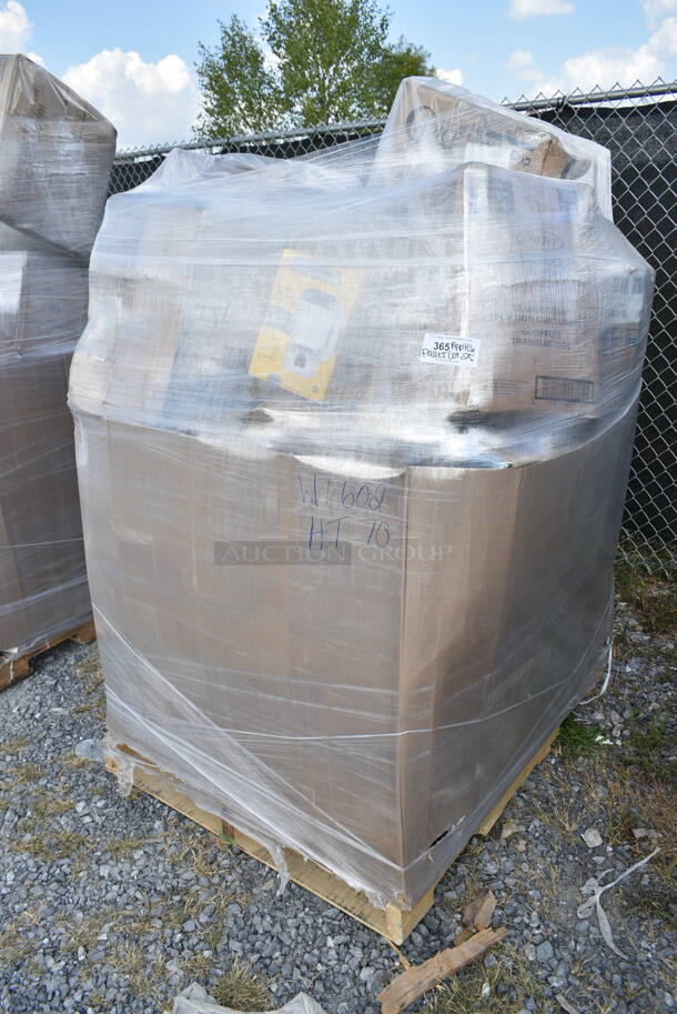 PALLET LOT of 25 BRAND NEW Boxes Including Hamilton Beach 6126-908R Blender Container, 127P400C Choice 4 oz. Clear Plastic Souffle Cup / Portion Cup - 2500/Case, Solo P200N 2 oz. Translucent Polystyrene Souffle / Portion Cup - 2500/Case, 304FND5811R Acopa Foundations 16 oz. Red Wide Rim Melamine Pasta Bowl - 12/Pack, Town 56913S 96 Cup Sushi Rice Container with Stainless Steel Finish, 128HD32COMBO Choice Heavy Duty Microwavable Plastic Deli Container, 4339BULK White Uncoated Paper Plates, 395RP10 EcoChoice No PFAS Added 10" Natural Bagasse Blend 3 Compartment Plate - 500/Case. 25 Times Your Bid!  - Image 1 of 12