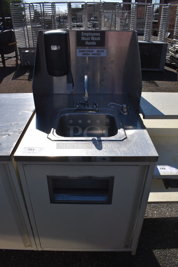 Stainless Steel Single Bay Sink w/ Faucet, Handles, Soap Dispenser, Back Splash and Door. 24x30x53