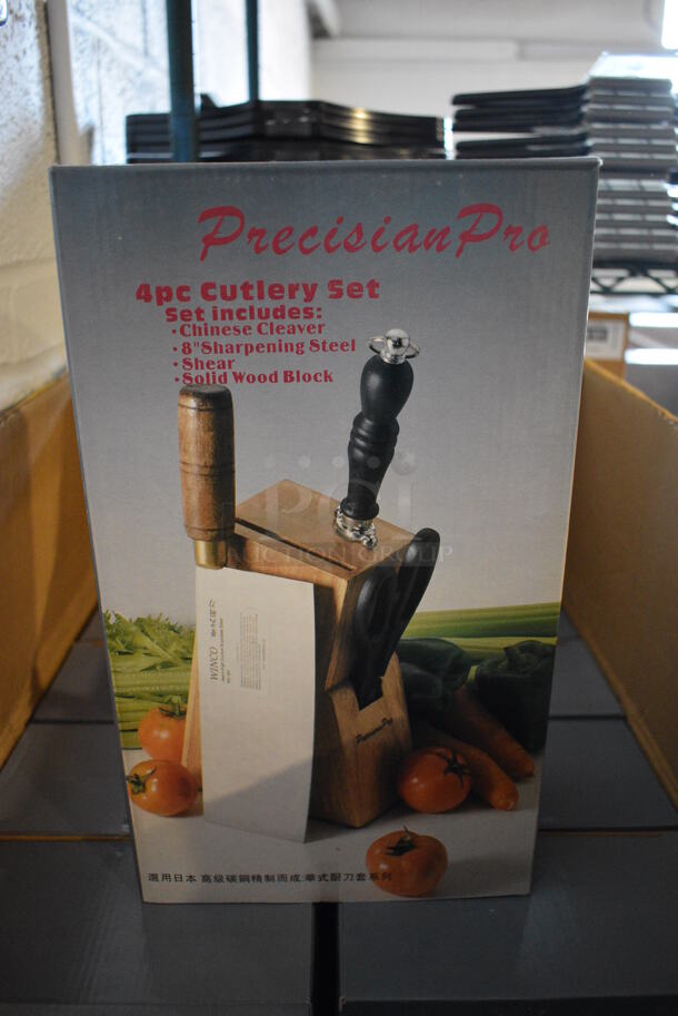 12 BRAND NEW IN BOX! Precisian Pro 4 Piece Cutlery Set Including Wooden Knife Block, Chinese Cleaver, Sharpening Steel and Shear. 12 Times Your Bid!