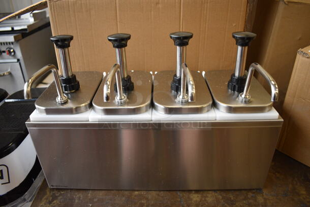 BRAND NEW! Servsense Stainless Steel Countertop Condiment Rail w/ 4 White Poly Drop Ins and 4 Pump Lids. 18.5x12x13