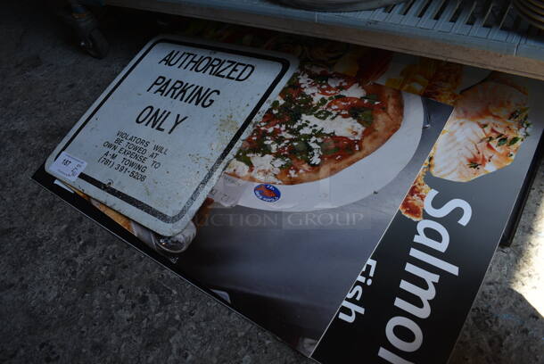 5 Various Signs; Metal Parking, Pizza and Salmon. Includes 36x1x24. 5 Times Your Bid!