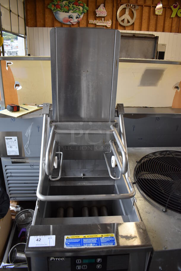 2011 Pitco Frialator SFSG6H Stainless Steel Commercial Floor Style Natural Gas Powered Deep Fat Fryer w/ Automatic Lifting System on Commercial Casters. 140,000 BTU. 20x34.5x69 - Image 5 of 8