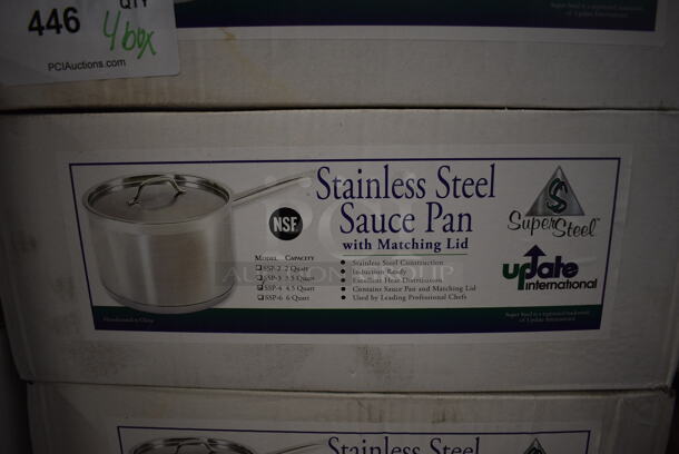 4 BRAND NEW IN BOX! Update SSP-4 Stainless Steel 4.5 Quart Sauce Pot w/ Lid. 16x8.5x5. 4 Times Your Bid! - Image 2 of 5
