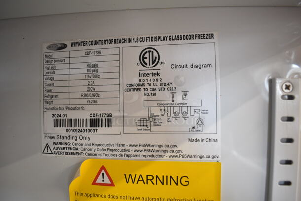BRAND NEW SCRATCH AND DENT! Whynter CDF-177SB Countertop Reach In 1.8 cu ft Display Glass Door Freezer Merchandiser. 115 Volt, 1 Phase. Tested and Working! - Image 6 of 6
