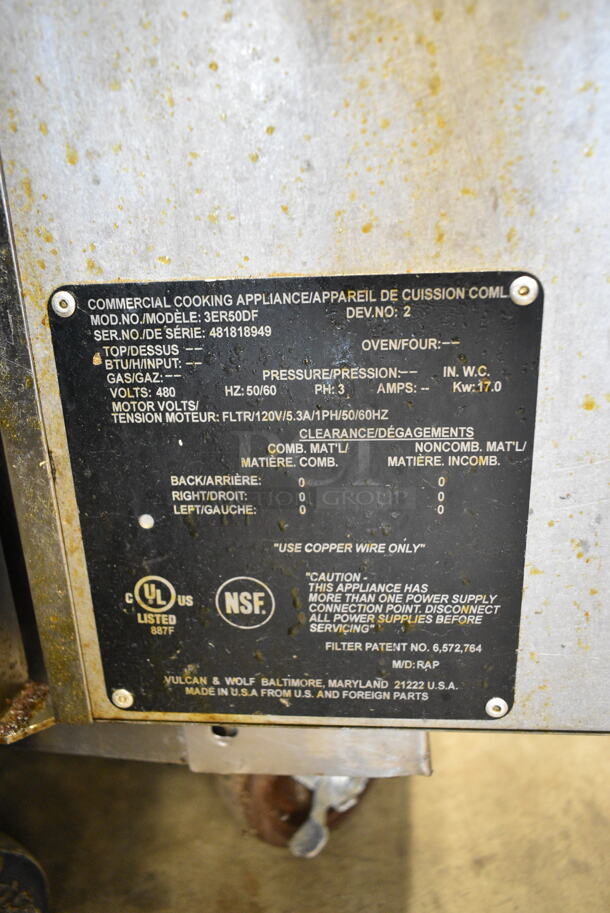 Vulcan 3ER50DF Stainless Steel Commercial Floor Style Electric Powered 3 Bay Deep Fat Fryer on Commercial Casters. 480 Volts, 3 Phase.  - Image 7 of 11