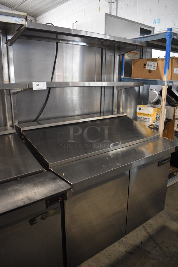 Continental Model SW48-18M Stainless Steel Commercial Sandwich Salad Prep Table Bain Marie Mega Top Bain Marie w/ 2 Over Shelves on Commercial Casters. 115 Volts, 1 Phase. 48x36x71. Tested and Powers On But Temps at 60 Degrees