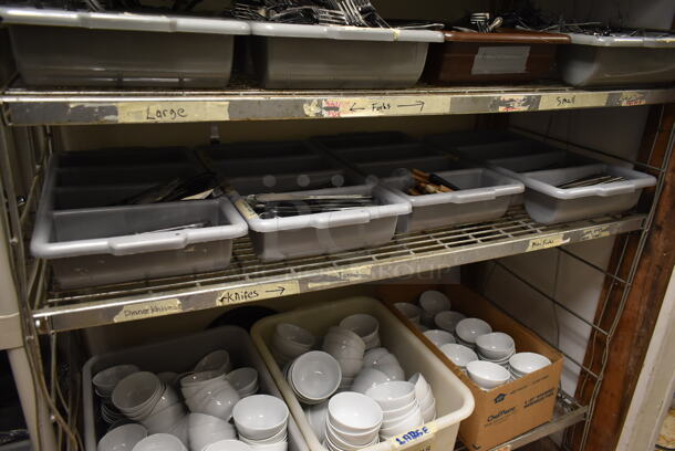 Metal Wire 6 Tier Shelving Unit w/ Contents Including Bins of Silverware. BUYER MUST REMOVE: BUYER MUST DISMANTLE. PCI CANNOT DISMANTLE FOR SHIPPING. PLEASE CONSIDER FREIGHT CHARGES. (dish room) - Image 6 of 7