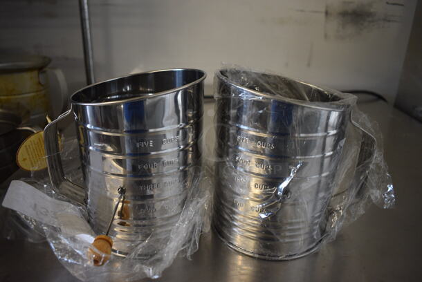 2 Stainless Steel Commercial Five Cup Sifters. 7x5.5x7. 2 Times Your Bid!