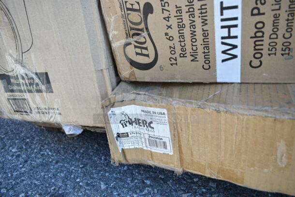 PALLET LOT of 26 BRAND NEW Boxes Including 128HD16COMBO ChoiceHD 16 oz. Microwavable Translucent Plastic Deli Container and Lid Combo Pack - 240/Case, 433LSLCPIE Choice 5" Clear Hinged Slice Container with Low Dome Lid, 966TALLFLDN Choice Kraft Natural Tall-Fold 6" x 13" Dispenser Napkin - 8000/Case, 500CC20 Choice Clear PET Plastic Cold Cup, 129MCS12W Choice 12 oz. White 6" x 4 3/4" x 1 3/4" Rectangular Microwavable Heavy Weight Container with Lid - 150/Case, 130IC10PCL Choice 10 lb. Clear Plastic Ice Bag with Ice Print - 1000/Case, 124HCDS1410 American Metalcraft HCDS1410 14" x 10" Hard Coat Anodized Aluminum Detroit-Style Pizza Pan, 347RPBD6WHGD White Plastic Plate with Gold Bands, 500CC20 Choice Clear PET Customizable Plastic Cold Cup - 20 oz. - 600/Case, 130HBKCUTKW Visions Individually Wrapped Black Heavy Weight Plastic Knife - 1000/Case, 129MCR50B Choice 43 oz. Black Round Microwavable Heavy Weight Container with Lid 9" - 150/Case, 433NHT101H Choice 1/6 Standard Size White "Thank You" Medium-Duty Plastic T-Shirt Bag - 1000/Case, 129MCS12W Choice 12 oz. White 6" x 4 3/4" x 1 3/4" Rectangular Microwavable Heavy Weight Container with Lid - 150/Case, 433LSLCPIE Choice 5" Clear Hinged Slice Container with Low Dome Lid. 26 Times Your Bid!  - Image 8 of 12