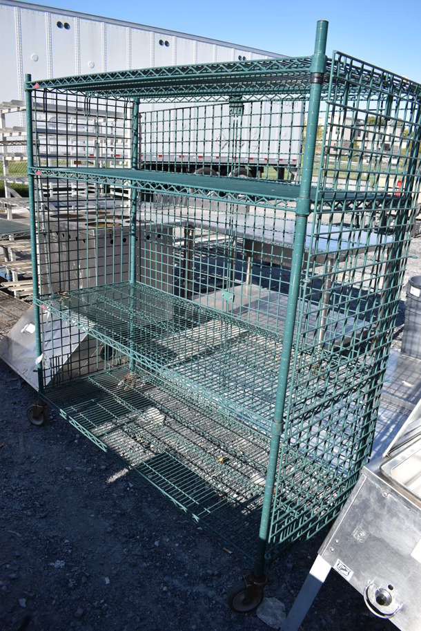 Metro Green Finish 4 Tier Wire Shelving Unit w/ Partial Liquor Cage on Commercial Casters. BUYER MUST DISMANTLE. PCI CANNOT DISMANTLE FOR SHIPPING. PLEASE CONSIDER FREIGHT CHARGES. 62x26x68