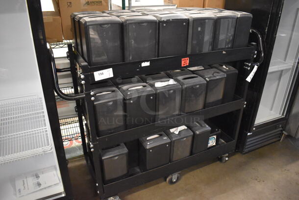 Black Metal 3 Tier Cart w/ 2 Push Handles and 40 Napkin Dispensers on Commercial Casters. 64x22x55