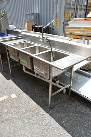Stainless Steel Commercial 3 Bay Sink w/ Dual Drain Boards, Faucet and Handles. Bays 16x20x12