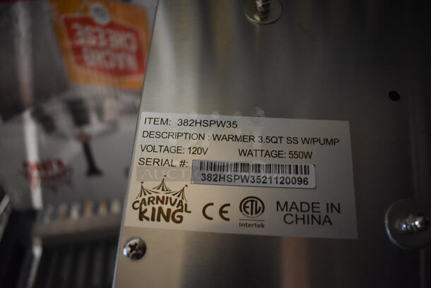 BRAND NEW IN BOX! Carnival King 382HSPW35 Stainless Steel Commercial Countertop Electric Powered 3.5 Qt. Warmer with Heated Spout and Pump. 120 Volts, 1 Phase. 9x17x12. Tested and Working! - Image 8 of 8