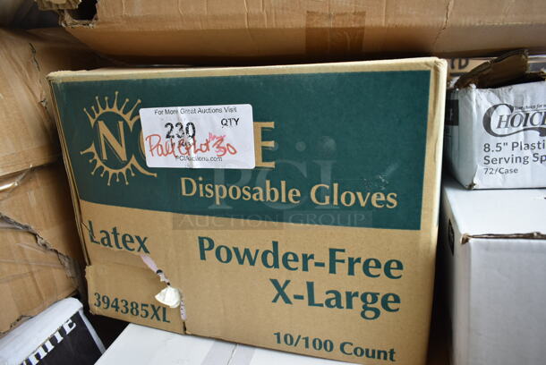 PALLET LOT of 30 BRAND NEW Boxes Including 50012C 12 oz. Coffee Print Poly Paper Hot Cup, 347SP10WH Visions Florence 10" Square White Plastic Plate - 120/Case, 394365XL Noble X Large Gloves, 50020W Choice 20 oz. White Poly Paper Hot Cup - 600/Case, 500CC12 Choice Clear PET Customizable Plastic Cold Cup - 12 oz. - 1000/Case, 500TW5 Choice 5 oz. Translucent Thin Wall Plastic Cold Cup - 2500/Case, 130BKFSNH Visions Heavy Weight Black Wrapped Plastic Cutlery Pack with Napkin - 500/Case, 130ROLLKFSSC Visions 18" x 15 1/2" Pre-Rolled Linen-Feel White Napkin and Classic Heavy Weight Silver Plastic Cutlery Set - 100/Case, 394385XL X Large Powder-Free Disposable Latex Gloves, 395L1020BGS Choice Hot Cup Lids, 130SERVSP8BK Choice 8 1/2" Black Disposable Plastic Serving Spoon - 72/Case, 130BFORK Choice Medium Weight Black Plastic Fork - 1000/Case, 612605070HD Full Size Heavy-Duty Foil Steam Table Pan Deep 3 3/8" Depth, 395TO661 Heavy duty foil steam table pans, Choice Portion Cup Lids, 1002218-EO Shopping Bags, 795PTOKFT8 Choice Kraft Microwavable Folded Paper #8 Take-Out Container 6" x 4 5/8" x 2 1/2" - 300/Case, 130ROLLKFSCL Compostable Sugarcane / Bagasse Take-Out Container, 500LFLATPLA Plastic Lid With Straw Slot, 433BR1852SACK Paper Barrel Sack, 500CC32 Choice HD 32 oz. Tall Heavy Weight Clear PET Plastic Cold Cup - 300/Case, 4339BULK Choice 9" White Uncoated Paper Plate - 1000/Case, 999SP10CL Visions 10" Square Plates. 30 Times Your Bid! - Image 9 of 12