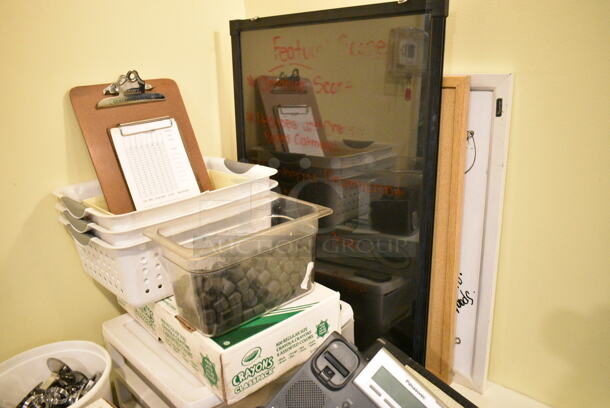 Dining Height Folding Table w/ Contents Including Basket, Corded Office Telephones, Metal Bins. (main dining room) - Image 5 of 5