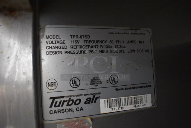 Turbo Air Model TPR-67SD Stainless Steel Commercial Pizza Prep Table on Commercial Casters. 115 Volts, 1 Phase. 67x33x44. Tested and Working! - Image 7 of 7