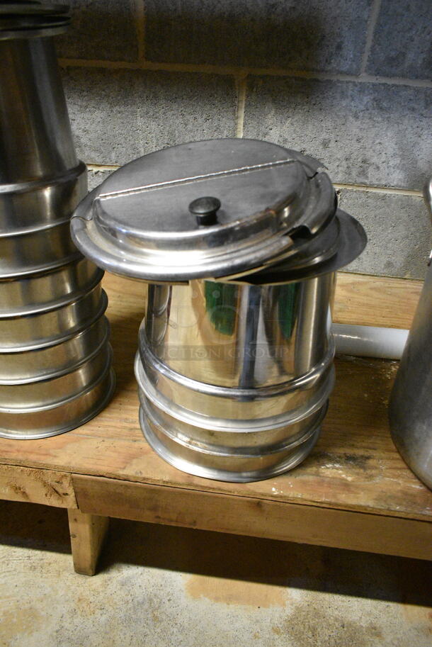 ALL ONE MONEY! Lot of Various Items Including Stainless Steel Cylindrical Drop In Bins, Stainless Steel Drop In Bin Lids, Metal Stock Pot. (basement)  - Image 4 of 7