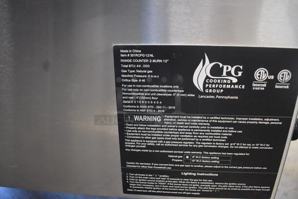LIKE NEW AND USED A FEW TIMES! CPG 351RCCPG 12 NL Stainless Steel Commercial Countertop Natural Gas Powered 2 Burner Range. Tested and Working! - Image 5 of 6