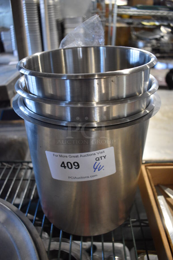 4 Various Stainless Steel Cylindrical Drop In Bins. Includes 8x8x8.5. 4 Times Your Bid!