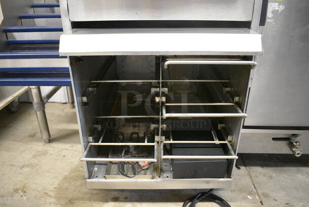 Carter Hoffmann Stainless Steel Crisp N Hold Dumping Station w/ Lower Warming Unit and Fry Scoop on Commercial Casters. Warming Drawer: 120 Volts, 1 Phase. Dumping Station: 208 Volts, 1 Phase. 19.5x34x48.5. Warming Unit Is Tested and Working! - Image 5 of 8