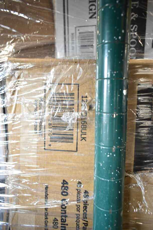 PALLET LOT of 43 BRAND NEW Boxes Including 500AL301BALL Ball 9 oz. Customizable Aluminum Cup with Ball Logo Design - 645/Case, 394325L Noble NexGen Powder-Free Disposable Blue Hybrid 3 Mil Thick Gloves - Large - 1000/Case, 128HD32COMBO ChoiceHD 32 oz. Microwavable Translucent Plastic Deli Container and Lid Combo Pack - 240/Case, 130ROLLKFSSH Visions 18" x 15 1/2" Pre-Rolled Linen-Feel White Napkin and Hammersmith Heavy Weight Silver Plastic Cutlery Set - 100/Case, 128HD16BULK ChoiceHD 16 oz. Microwavable Translucent Plastic Deli Container - 480/Case, 2 Box 5001RT800B Lavex 8" White Hardwound Paper Towel, 800 Feet / Roll - 6/Case, 5001RTSELNAT Lavex Select 1-Ply Natural Kraft Paper Towel Roll, 665 Feet / Roll - 6/Case, Dart 85HTB1R 8" x 8" x 3" Black Foam Square Take Out Container with Perforated Hinged Lid, 50010CAFE Choice 10 oz. Cafe Print Poly Paper Hot Cup - 1000/Case, 407CPAN62A Choice 6" x 2" Round Straight-Sided Aluminum Cake Pan, 612527PCO Choice 7" Round Standard Weight Foil Take-Out Pan with Dome Lid, 561L850YL Creative Converting 013014 100' Mimosa Yellow Disposable Plastic Table Cover, 176BD5BR Choice 5 Gallon Brown Beverage / Juice Dispenser. 43 Times Your Bid!  - Image 6 of 12