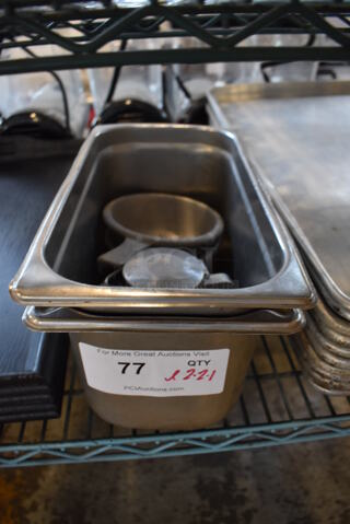 ALL ONE MONEY! Lot of 2 Stainless Steel 1/3 Size Drop In Bins, Metal Pitcher and 2 Metal Bowls.