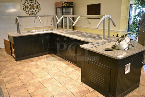 Buffet Station w/ 2 Inserts, 2 Soup Food Warmer Inserts and 2 Sneeze Guards. BUYER MUST REMOVE: Bring Tools and Manpower Needed To Remove This Item. This Unit Was In Working Condition When the Restaurant Closed. (main dining room)