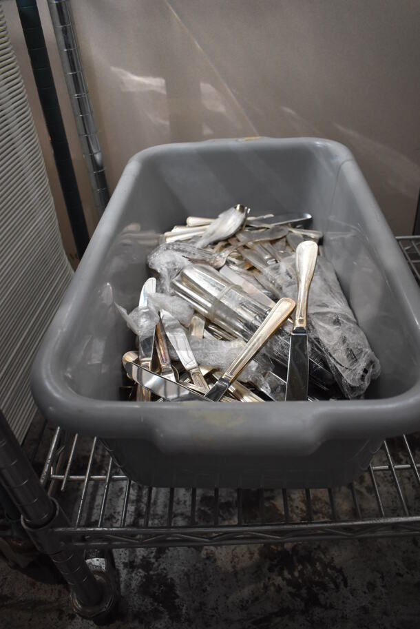 ALL ONE MONEY! Lot of Chrome Finish 5 Tier Shelving Unit w/ Contents Including Poly Cake Stand Covers, Mesh Bins, Metal Buckets, Stainless Steel Drop In Bins, Wooden Boxes and Silverware. BUYER MUST DISMANTLE. PCI CANNOT DISMANTLE FOR SHIPPING. PLEASE CONSIDER FREIGHT CHARGES. 49x18x77 - Image 4 of 12