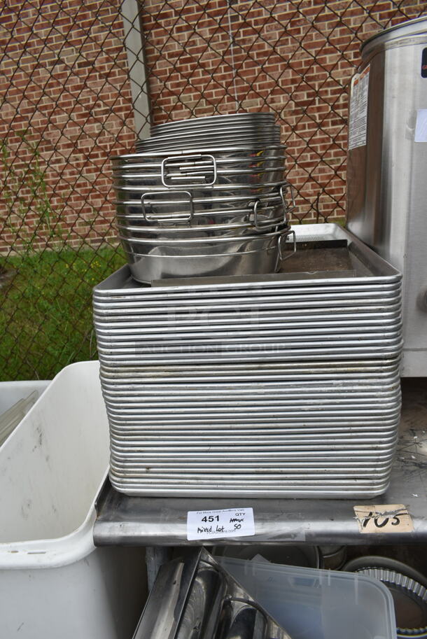 ALL ONE MONEY! Lot of Stainless Steel Table, Metal Full Size Baking Pans, Stainless Steel Cylindrical Bins, Round Baking Pans.  - Image 2 of 5