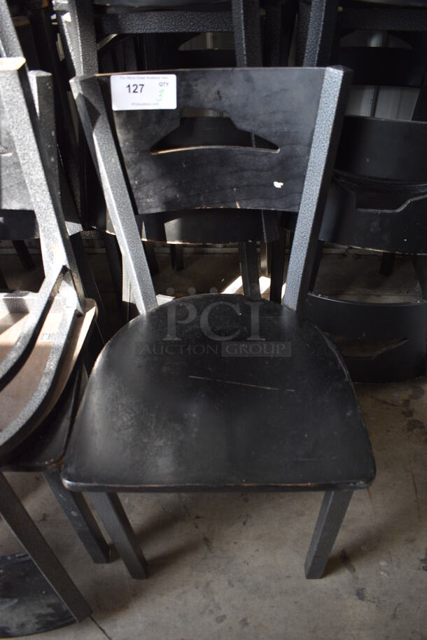 3 Black Metal Dining Chairs w/ Black Seat Cushion. 1 Chair Has Damage; See Pictures. 18x16x34. 3 Times Your Bid! 