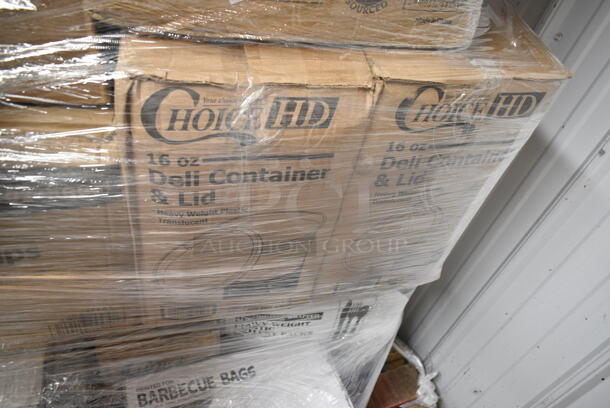 PALLET LOT of 25 BRAND NEW Boxes Including 43205800 Choice White Linen-Feel 1/8 Fold Dinner Napkin - 800/Case, Dart 10PWCR Concorde 10 1/4" White Non-Laminated Round Foam Plate - 500/Case, 3 Box 128HD16COMBO ChoiceHD 16 oz. Microwavable Translucent Plastic Deli Container and Lid Combo Pack - 240/Case, Solo X8-J8002 Trophy Plus 8 oz. Symphony Foam Cup - 1000/Case, 347RS Choice 1 oz. Clear Plastic Shot Glass - 2500/Case, Dart 10J10 10 oz. White Customizable Foam Cup - 1000/Case, Lavex 257UB1648 16" x 48" Heavy-Duty Steel U-Boat Utility Cart - 2000 lb. Capacity, Barbecue Bags. 25 Times Your Bid! - Image 10 of 12