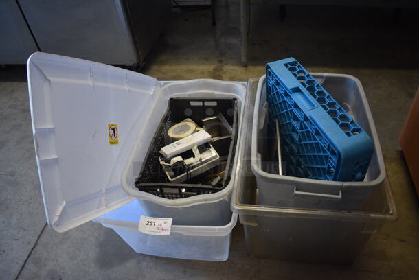 ALL ONE MONEY! Lot of 2 Poly Bins of Various Items Including Dish Caddy, Glass Pitchers and Metal Ice Scoop!