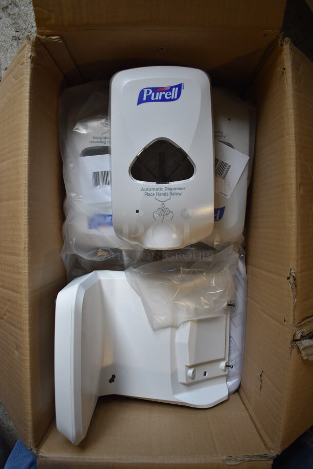 3 Purell White Poly Wall Mount Hand Soap Dispensers and White Stand. 5x4x10. 3 Times Your Bid!